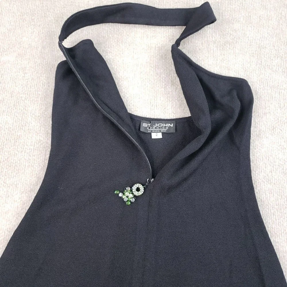 St John Evening Marie Gray‎ Dress Womens Size 2 Black Halter Jewel Beaded Neck